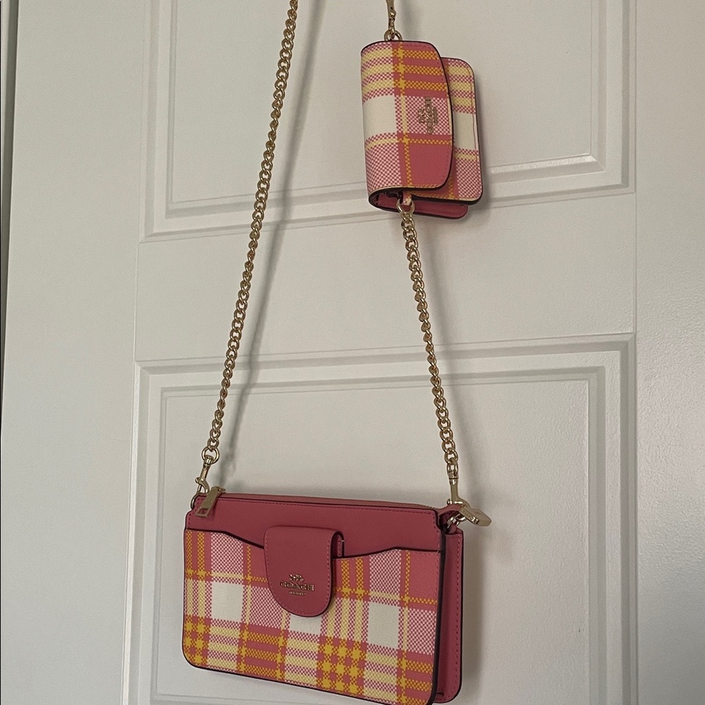 Coach Vibrant Plaid Crossbody Bag in Pink and Yellow